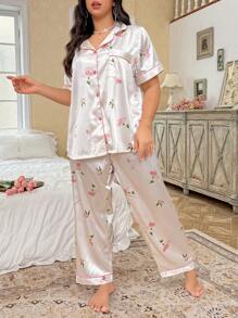 CottageSlumber 大码花卉印花缎面睡衣套装