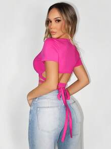 Zolique 女士时尚紫红色 V 领系带短款 T 恤，夏季