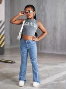 Girls' Star Embroidery Elastic Skinny Flare Jeans,Holiday,Summer,Travel - Medium Wash - View 6