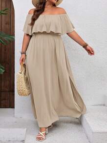 SHEIN VCAY Plus Size Holiday Ruffle Ruffle Trim Dress,Beach Dress Sundress,Holiday Outfits Boho - Apricot - View 5