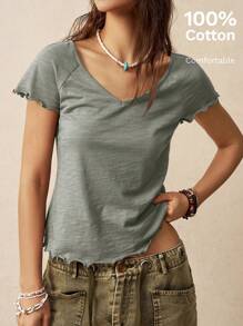 Bohemela Boho Women's V-Neck Solid Color Raglan Sleeve T-Shirt For Vacation - Light Grey - View 2