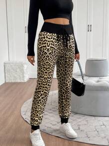 SHEIN LUNE Women's Fashionable Leopard Print Drawstring Sweatpants - White - View 7