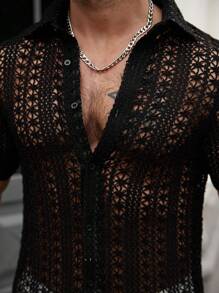 Manfinity Homme 男士度假休闲纯色镂空针织衬衫 - 黑色 - 查看 5