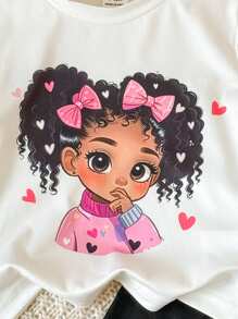 2 件套婴儿/幼儿女孩可爱时尚休闲宽松风格柔软舒适图案白色短袖 T 恤上衣和纯黑色宽松短裤 OOTD 服装，适合家居或户外日常穿着，春夏新品 - 黑與白 - 查看 5