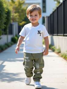 2pcs/Set Young Boy Casual Round Neck Short Sleeve T-Shirt And Distressed Denim Jeans Set - Army Green - View 2