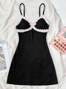 SHEIN Teen Girls Summer V-Neck Contrast Lace Dress With Bowknot Decorated Straps/Ballet Core/ Cute