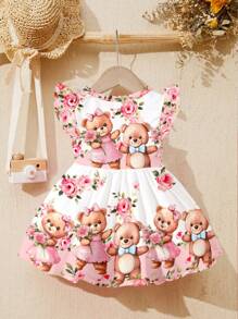 SHEIN Toddler Girls Lovely Floral Bear Print, Sweet Pink Bow Cartoon Print Fashion Long Sleeve Dress, Suitable For Spring/Summer, Outings - White - View 3