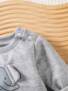 SHEIN Newborn Baby 2‑Piece Outfit, 3D Cartoon Elephant Shoulder Snap Long Sleeve Top & Jogger Pants Set, Infant Casual Tracksuit - Grey - View 3