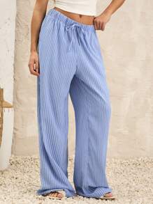 Manfinity Unisex Unisex Casual Woven Vertical Striped Mid Rise Drawstring Loose Wide Leg Pants, Suitable For Daily Wear - Blue - View 6