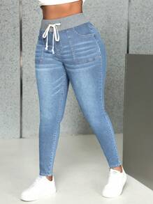 SHEIN SXY Plus Size Sexy Stretch Color Block Wide Waistband Blue Denim Jeans