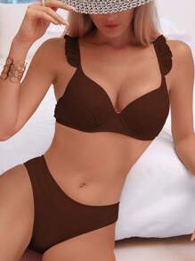 Swim SXY Push-Up Flounce Trim Split Swimwear, Solid Color Bikini, Suitable For Beach Vacation - Coffee Brown - View 1