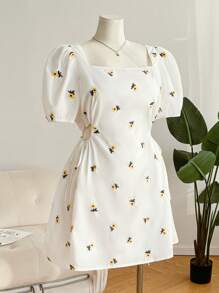 SHEIN Frenchy Plus Size Women's Yellow Embroidered Princess Sleeve Short A-Line Dress, Suitable For Valentine's Day - White - View 3