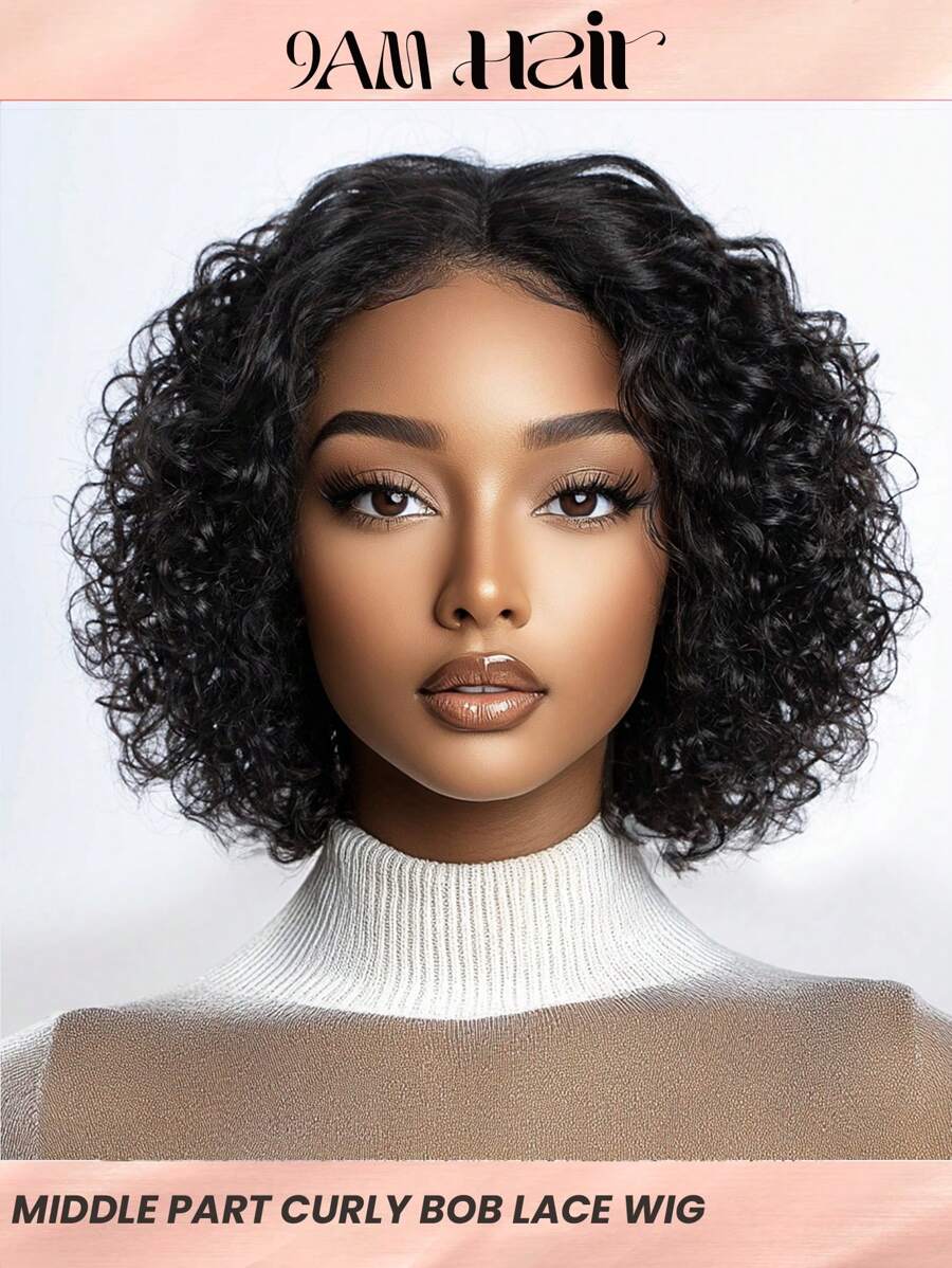 Short Culy Bob Lace Wigs Human Hair Glueless Wear & Go Water Wave Bob Wig Middle Part 10 Inch Deep Wave Bob Wigs Natural Black - Natural Black - View 1