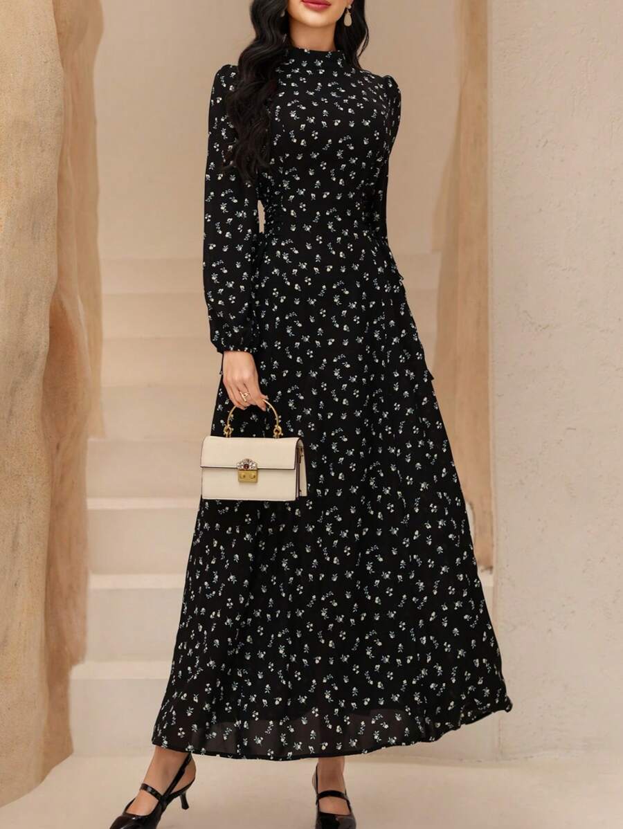 Graceveil Women's Ditsy Floral Asymmetric Collar Tie Waist Design Dress,Modest - Black - View 1