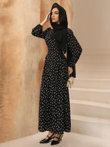 Graceveil Women's Ditsy Floral Asymmetric Collar Tie Waist Design Dress,Modest - Black - View 6