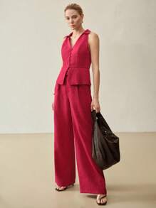 MOTF PREMIUM WOMEN'S 100% LINEN STRAIGHT LEG SUIT PANTS WITH LACE TRIM, SUMMER VACATION - Burgundy - View 8