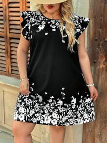 SHEIN VCAY 大码女式花卉印花休闲宽松盖袖度假连衣裙 - 黑色 - 查看 4