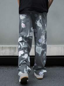 Manfinity Hypemode Men's Floral Print Straight Leg Relaxed Fit Casual Jeans - Grey - View 2