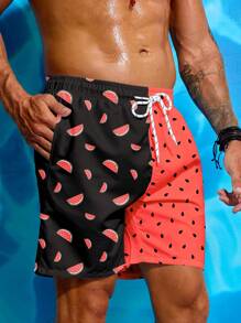 Manfinity Swimmode Men's Watermelon Print Contrast Color Splicing Beach Shorts Men Swim Trunks - Black - View 5