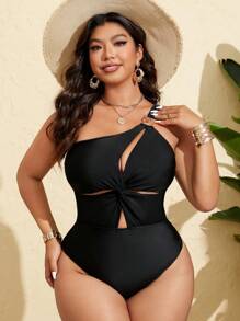 SHEIN Swim Curve Plus Size Women Solid Black Minimalist Elegant Slimming One-Piece Swimsuit & Beachwear For Summer Beach Vacation - Black - View 6