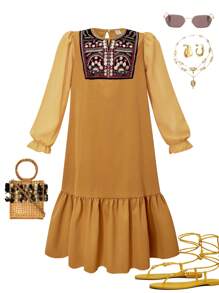SHEIN Explorewe فستان بأكمام طويلة مناسب للفتيات المراهقات، بياقة مندرين وتطريز زهري وتريم شبكي، مناسب للاستخدام اليومي والعطلات والتجمعات العائلية في فصل الربيع والصيف - أصفر - مشاهدة 3