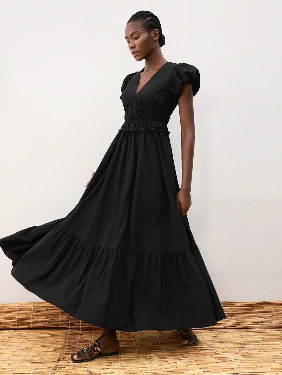 SHEIN Maija Summer New Black Elegant Vacation Dress,Waist Elastic Gather Ruffled Puff Sleeve Big Swing Bohemian Style Music Festival Beach Resort Party Wear
