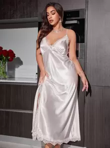 SilkySpell Plus Size Deep V-Neck Lace Patchwork Faux Silk Backless Long Nightgown