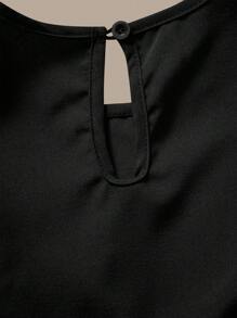 Tween 女孩简约优雅圆领夸张盖袖短款纯色衬衫和松紧腰阔腿纯色裤黑色两件套服装，夏季 - 黑色 - 查看 7