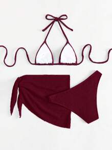 Swim Mod 3 件套：纯色吊带比基尼泳装搭配打结迷你裙 - 酒紅色 - 查看 2