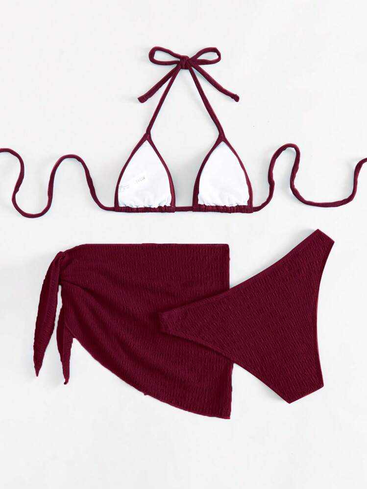 Swim Mod 3pcs Set: Solid Color Halter Tie Bikini Swimsuit Paired With Knotted Mini Skirt For Summer Beach Vacation - Burgundy - View 2