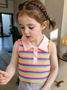 SHEIN Baby Girl Colorful Striped Polo Collar Sleeveless Top, Spring & Summer - Multicolor - View 1