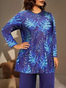 Swim Mulvari 2pcs Plus Size Women Modest Floral Long Sleeve Top And Pants Burkini Set, Conservative Loose Fitting Swimsuit, For Summer Beach Vacation  Clothing Burkinis - Blue - View 3