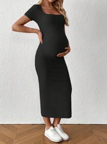 SHEIN Đầm bầu cổ vuông tay ngắn màu trơn thường ngày, thích hợp cho mùa hè - màu đen - Xem 5