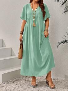 EMERY ROSE 大码女式早春 V 领褶饰休闲连衣裙，短袖