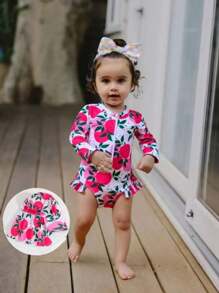 SHEIN Baby Girls Ruffled One-Piece Swimsuit With Random Print, Including Hat (Swimwear)