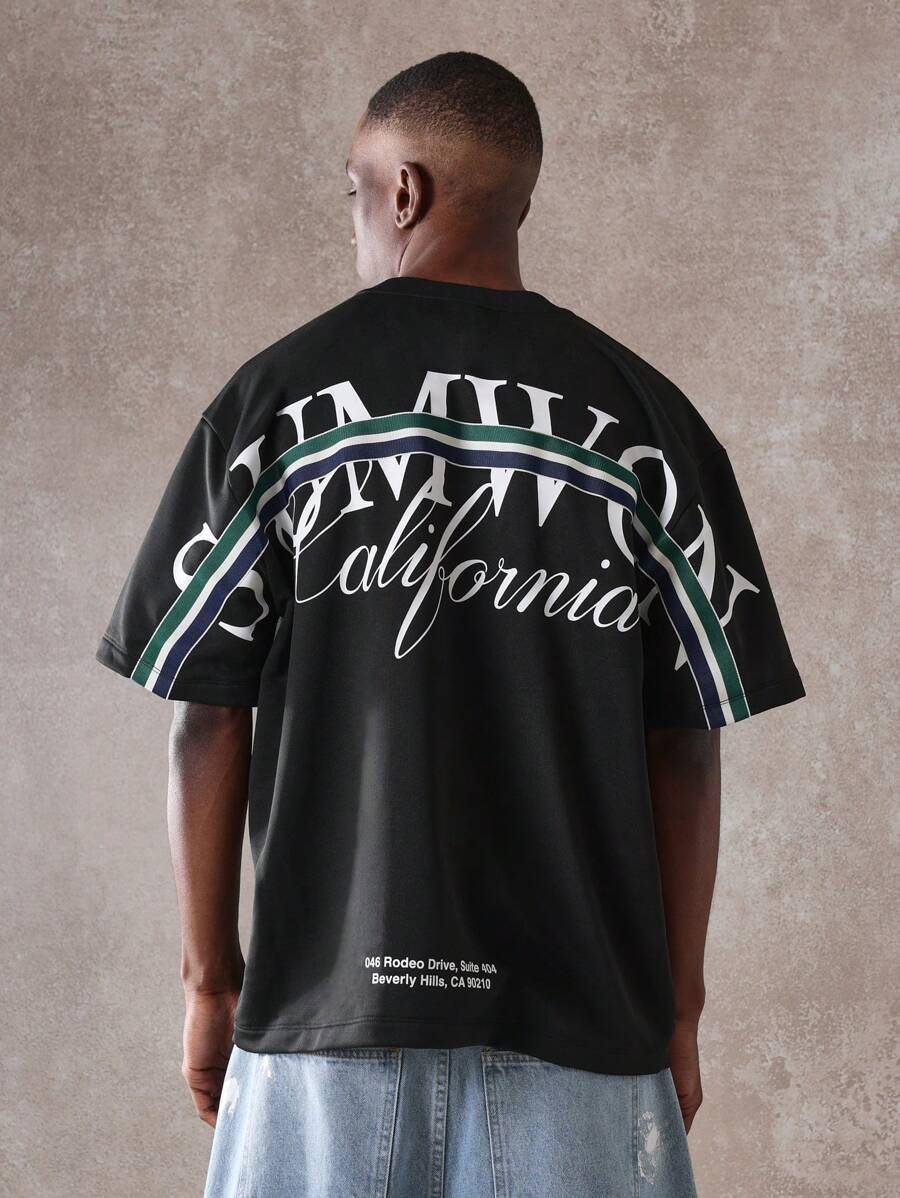 SUMWON 优质加州生活方式超大T恤比佛利山庄罗迪欧大道地址印花街头服饰夏季休闲都市时尚男女通用 - 黑色 - 查看 1