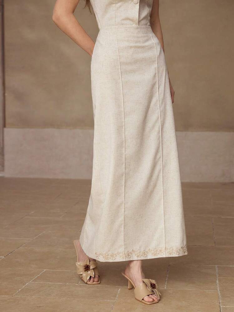 LINEN FLORAL EMBROIDERY SKIRT