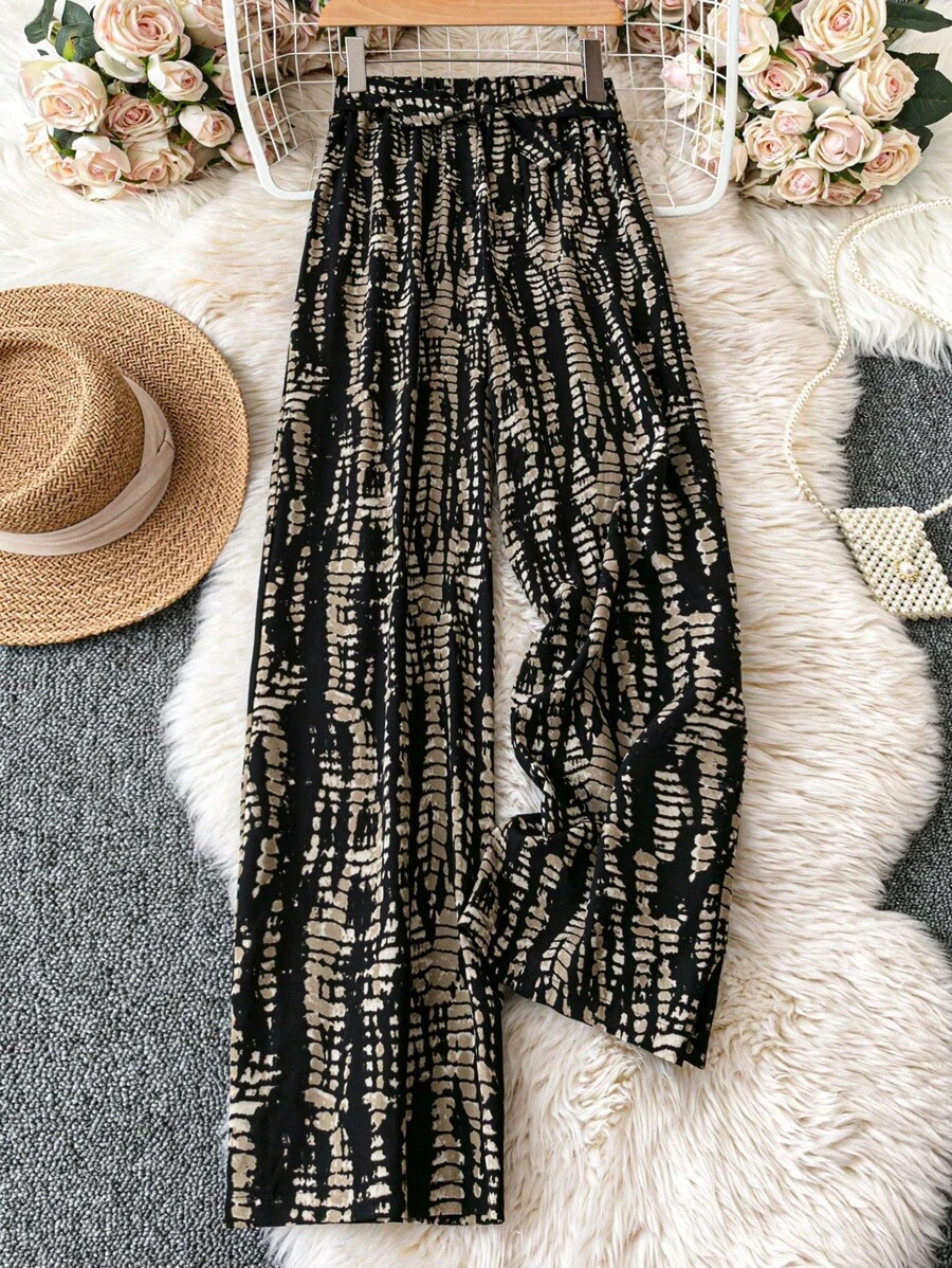 SHEIN PETITE 女士印花宽腿宽松休闲裤，适合度假和日常穿着 - 彩色 - 查看 1