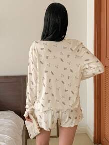 DAZY 3pcs/Set Women Cute Bear Pattern Allover Print Open Front Top , Cami Top And Shorts Pajama Set, Fall Winter Clothes