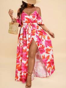 Travachic Plus Size Women Floral Print Off Shoulder Split Hem Vacation Dress Summer Outfits Beach Outfits For Woman Graduation Outfit Brunch Outfits For Women St Patrick Spring Break Rave Outfits Festival Elegant Vacation Outfits Woman Casau Western Cute Boho  Floral Beach Spring Clothes Brunch Outfits For Women Old Money Tropical Vacation Woman Clothes,Beach Dress Sundress,Holiday Outfits