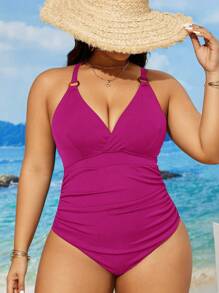 Swim Vcay Plus Size Women's Solid Color Ruched One Piece Swimsuit For Summer Beach Vacation - Hot Pink - View 3