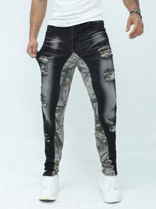 Manfinity Roughcore Jeans pitillo de mezclilla con estampado de camuflaje, parches y rotos para hombre - Negro - Ver 7