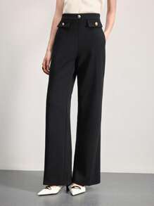 SHEIN BIZwear 女士优雅休闲工作装、约会、通勤、度假金属扣黑色裤子，春夏 - 黑色 - 查看 2