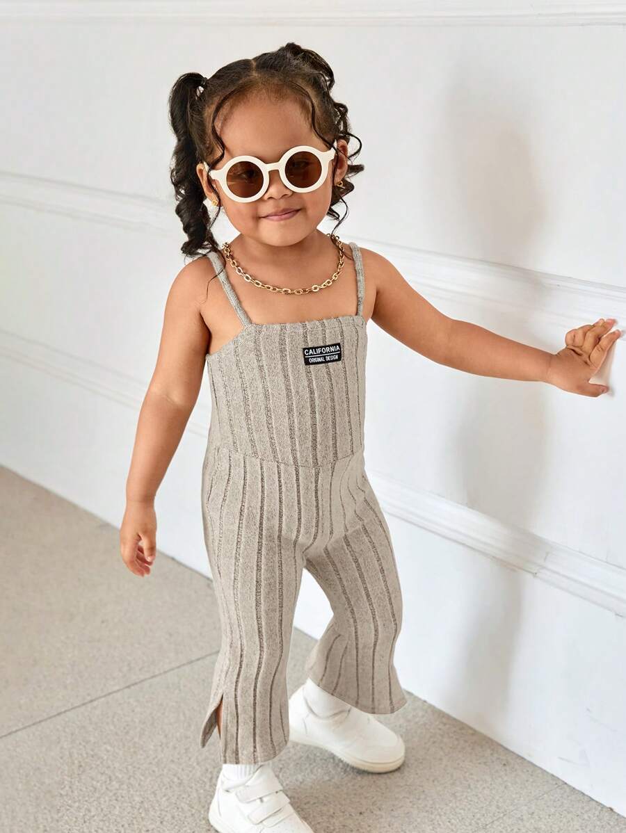 SHEIN Leap Crew Babygirl Cute Knitted Khaki Letter Print Camisole Jumpsuit Flare Pants, Spring & Summer - Khaki - View 1