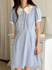 DAZY Color Block Puff Sleeve Mini Dress For Women Summer Sundress - Blue - View 2