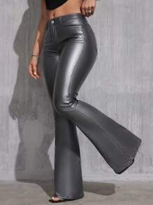 SHEIN Tall Women's Casual All-Match Low Waist Regular Black Coated Flare Pants, Spring/Autumn