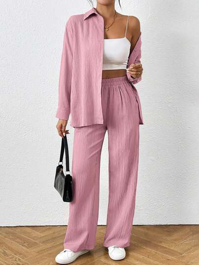 SHEIN PETITE 2 件套女士纯色长袖单排扣衬衫和裤子休闲套装