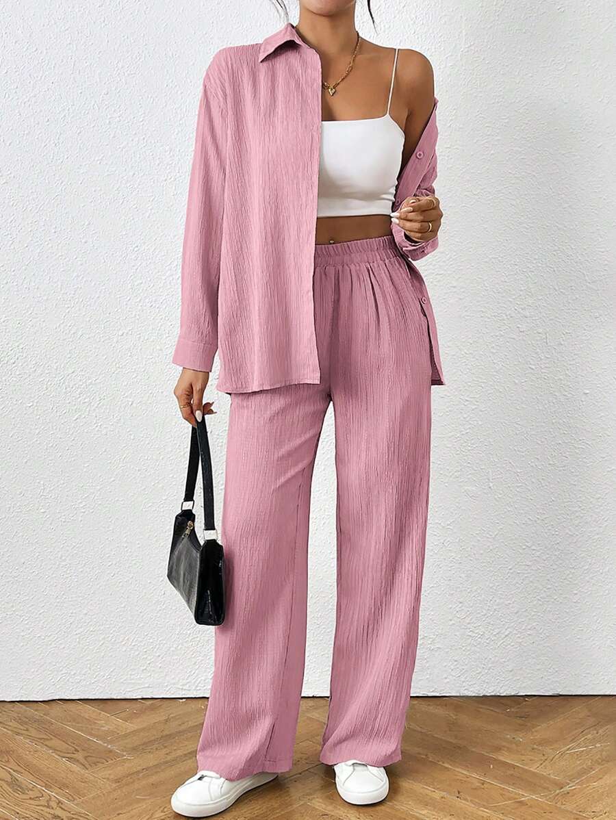 SHEIN PETITE 2件組女款純色長袖單排扣襯衫與長褲休閒套裝,適合嬌小女性 - 粉色 - 查看 1