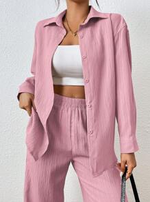 SHEIN PETITE 2件組女款純色長袖單排扣襯衫與長褲休閒套裝，適合嬌小女性 - 粉色 - 查看 4