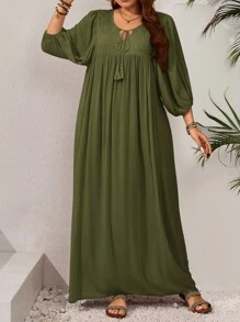 EMERY ROSE Plus Size Women Solid Color Tie Neck Lantern Sleeve Elegant Dress - Army Green - View 3